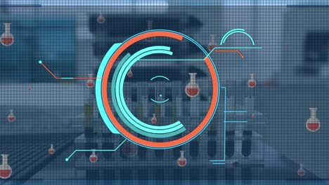 Animation-of-circles-and-beaker-icons-over-test-tubes-in-lab