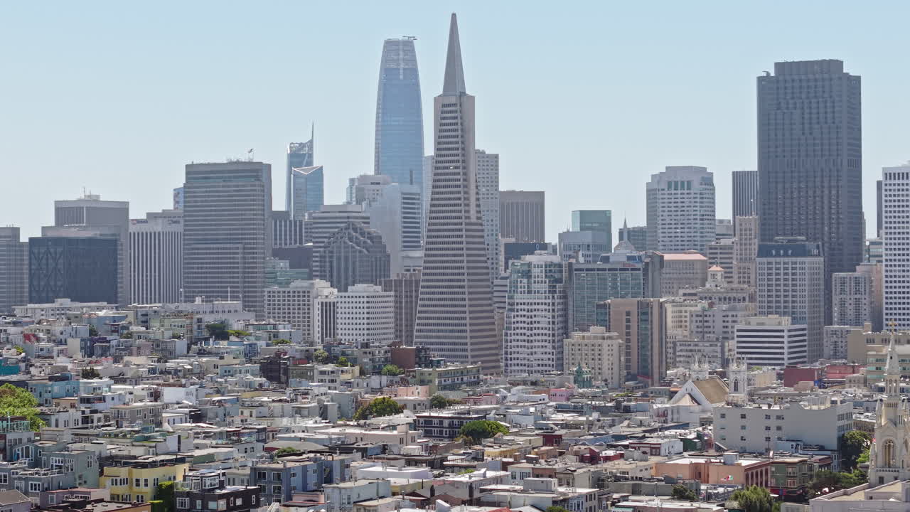 Misty San Francisco Downtown Skyline, Aerial View of Skyscrapers From Telegraph Hill on Sunny Day