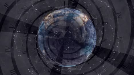 animación de redes de conexiones y globo sobre el reloj moviéndose rápidamente