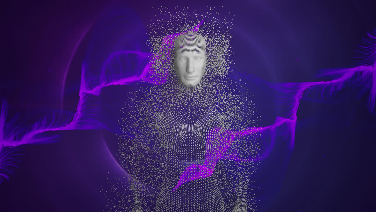 Purple light trails over purple exploding against blue spots of light