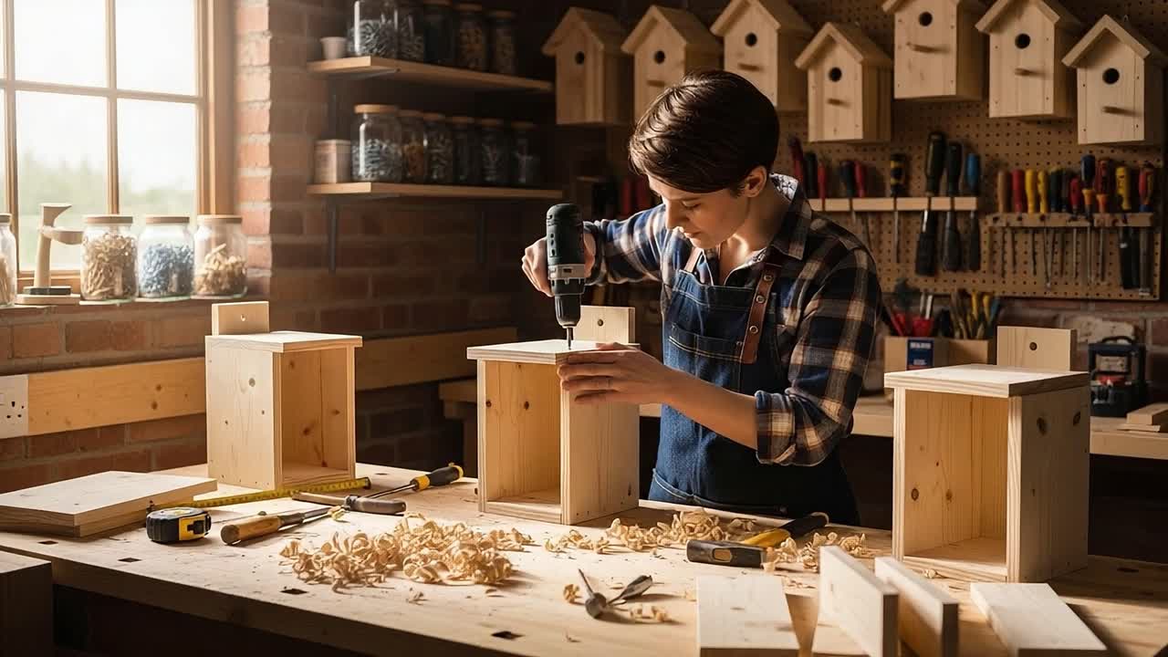 A Young Artisan Crafts Birdhouses in a Cozy Workshop, Focusing on Precision and Detail with Tools Spread Across the Wooden Table and Warm Natural Light Streaming In