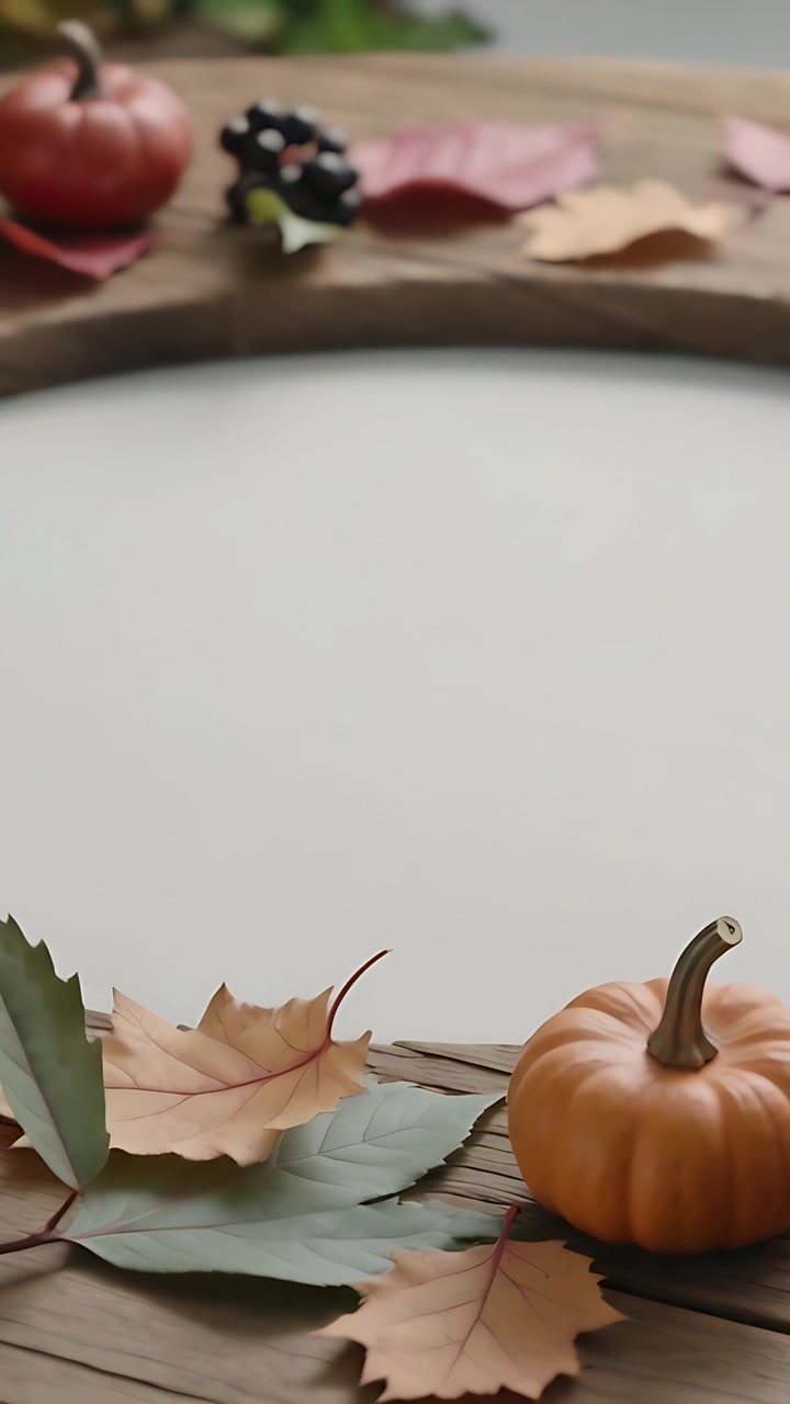 Video verticale: La telecamera si allontana, mostrando un tagliere di legno con mini-zucche e foglie autunnali come decorazione.