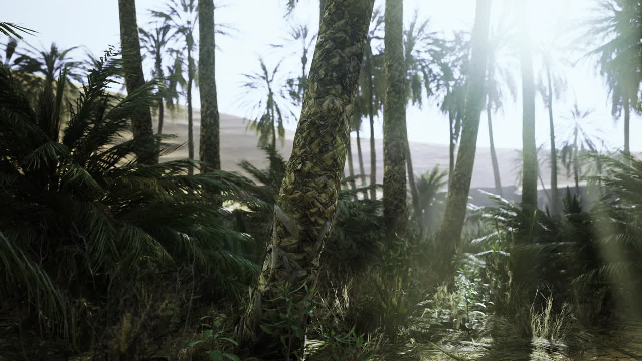 Lush tropical forest with sunlight filtering through tall palm trees