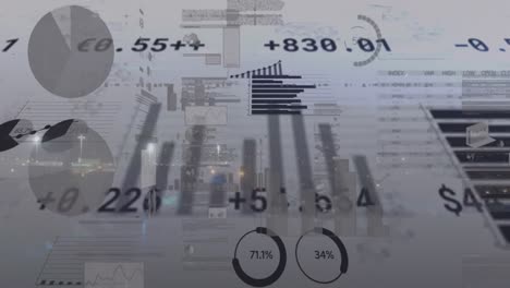 animation of financial data processing and statistics over cityscape