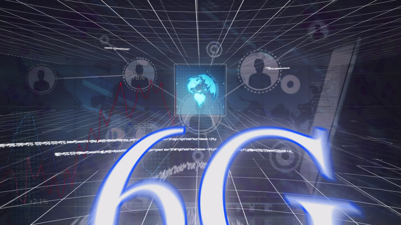 Animation of digital computer language, profile icons, 6g and globe moving in loop over laptop