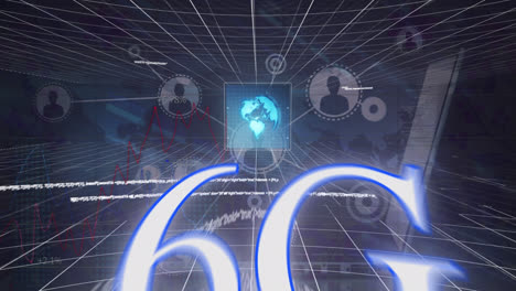 animación del lenguaje informático digital, iconos de perfil, 6g y globo que se mueve en bucle sobre el portátil