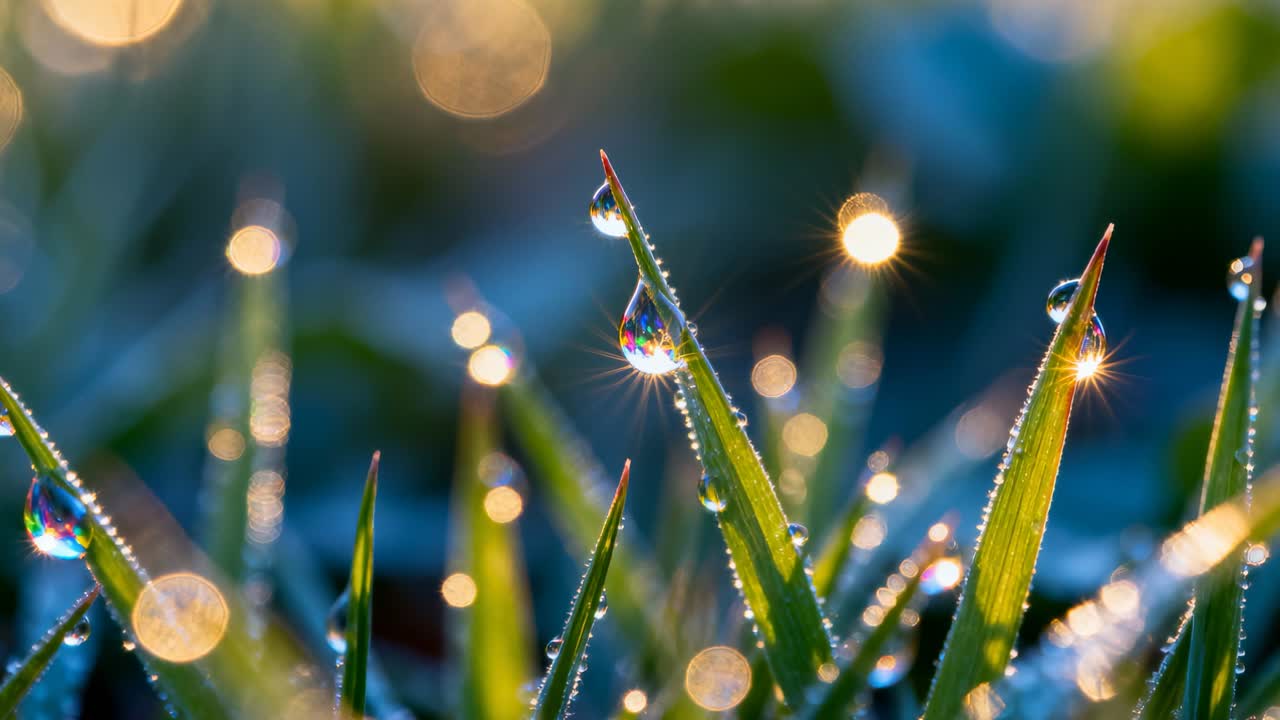 Mostrando lâmina de grama segurando gota de orvalho em um prado com a luz do nascer do sol e foco puxando, criando reflexos.