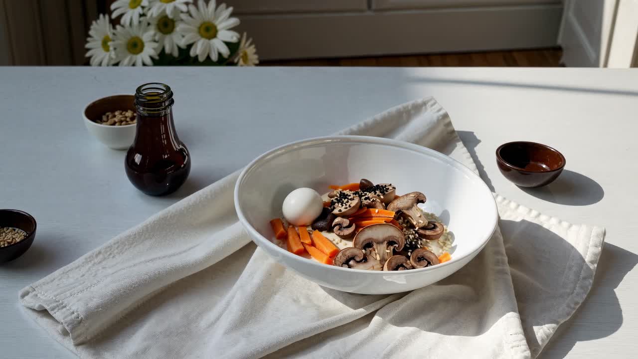 Delicious and healthy meal in a white bowl on a white tablecloth, featuring sauteed mushrooms, carrots, a boiled egg, sesame seeds, and soy sauce, all illuminated by natural sunlight