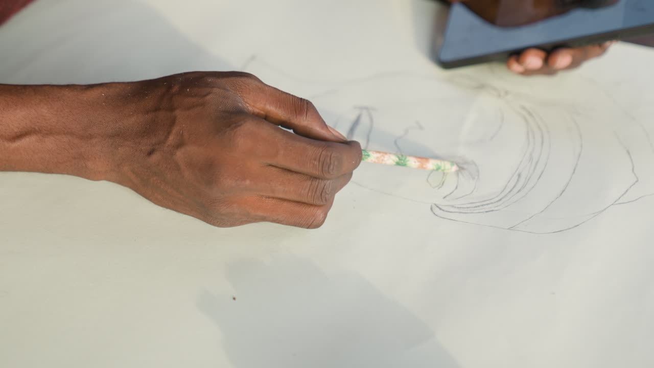 Hands tracing dotted pattern on paper phone used as reference fine brush tapping rhythmic dots closeup of fingers iterative design process textile design and illustration roles precision focus steady