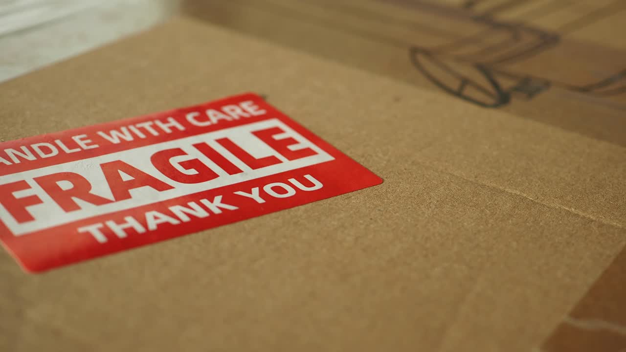 Close-up of a 'Fragile Handle With Care' sticker on a cardboard box