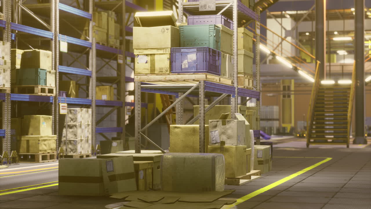 Warehouse stacked with colorful boxes in a busy logistics center