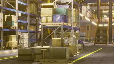 warehouse stacked with colorful boxes in a busy logistics center