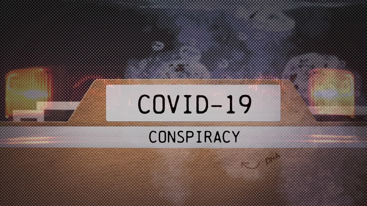 Animazione di un dossier sulla cospirazione Covid-19 su luci della polizia lampeggianti