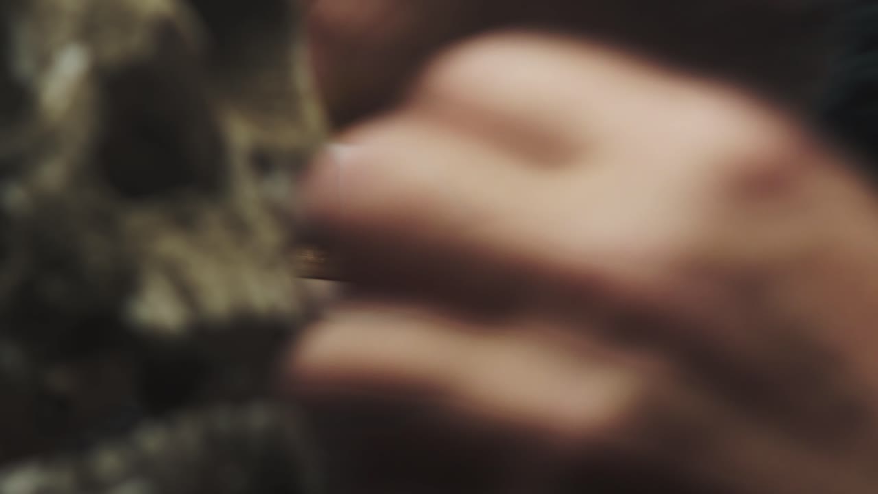 Archeologist examines human skull and writes notes CLOSE-UP