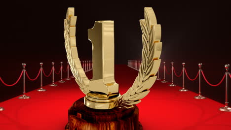 animation of first place award trophy at floodlit, red carpet winners' prize giving ceremony