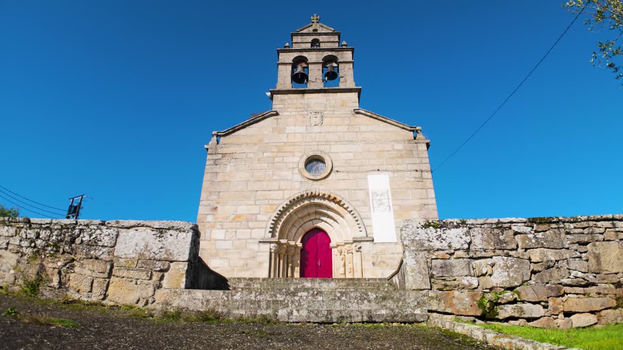 Front view of San Xoan church in Vilar de Santos, a historic site in Galicia, Spain