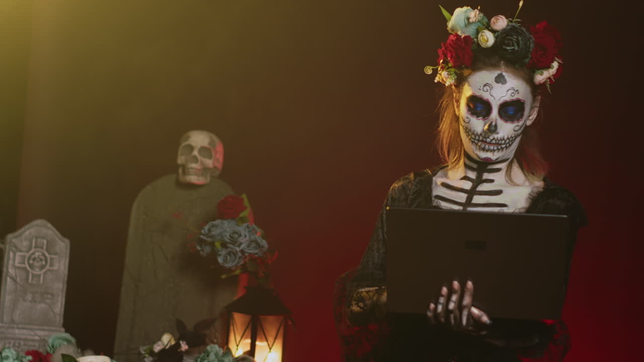 Day of the Dead online shopping in a cemetery