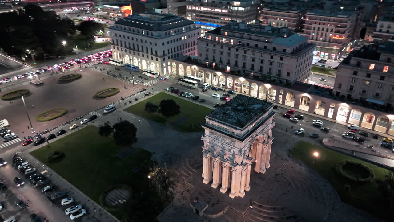 Night aerial view of illuminated Victory Arch on Piazza della Vittoria in Genoa