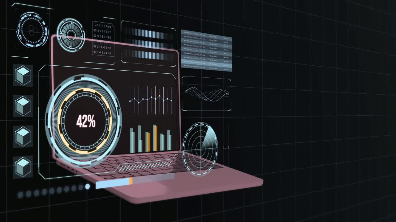 Animated Laptop with Futuristic User Interface and Data Visualizations