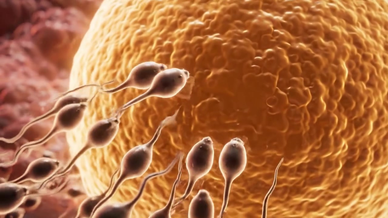 Una Rappresentazione Dettagliata di Spermatozoi che si Avvicinano a un Ovulo: Un Processo Complesso di Riproduzione Umana e Interazione Cellulare a Livello Microscopico.