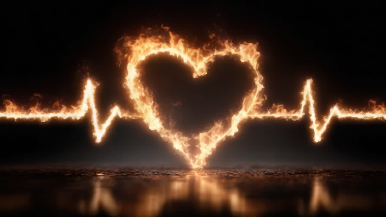 Chamas Dinâmicas Criando a Forma de um Coração Entrelaçadas com uma Linha de Batimento Cardíaco Ilustram a Paixão e a Intensidade do Amor Enquanto Ele Se Acende num Espetáculo Visual