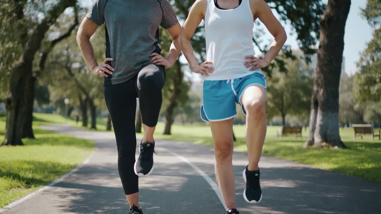 Due donne in abbigliamento sportivo, rivolte verso la telecamera, eseguono sollevamenti del ginocchio su un sentiero del parco, su una linea tracciata, prima di una corsa.