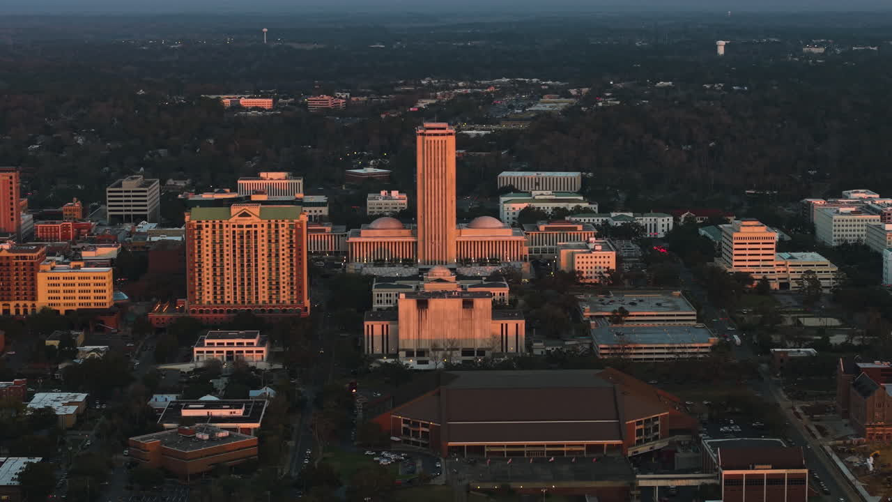 Aerial view away from the Florida state capitol, sunset in Tallahassee, USA