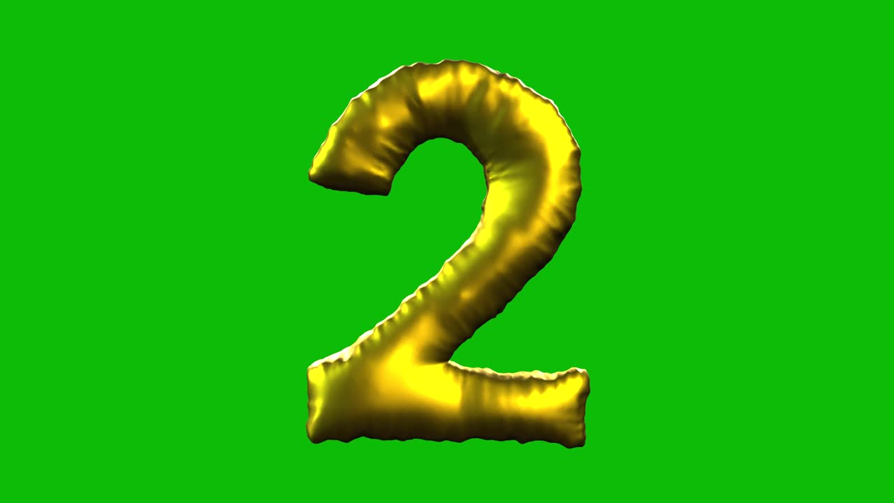 Gold Foil balloon number 2 inflates, spins, and reveals on green screen in 3D animation. Ideal for celebrations, parties, birthdays, and video editing projects