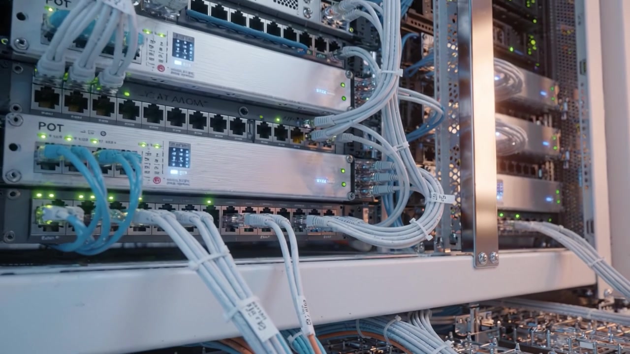 A Detailed View of Network Infrastructure with Cables and Server Components in a Datacenter Environment Highlighting Connectivity and Organization