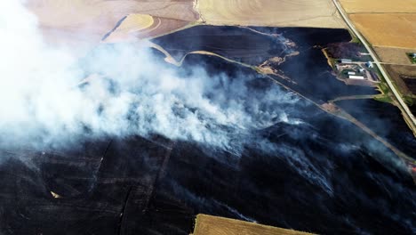 vista aérea de grandes nubes de humo y praderas en llamas