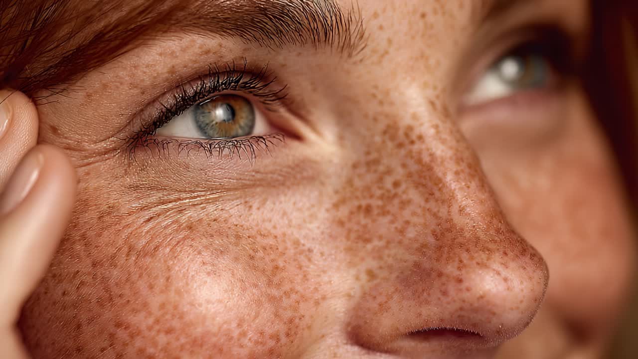 Captivating Close-Up of a Freckled Face, Showcasing Natural Beauty and Radiant Eyes in a Soft, Warm Light Setting