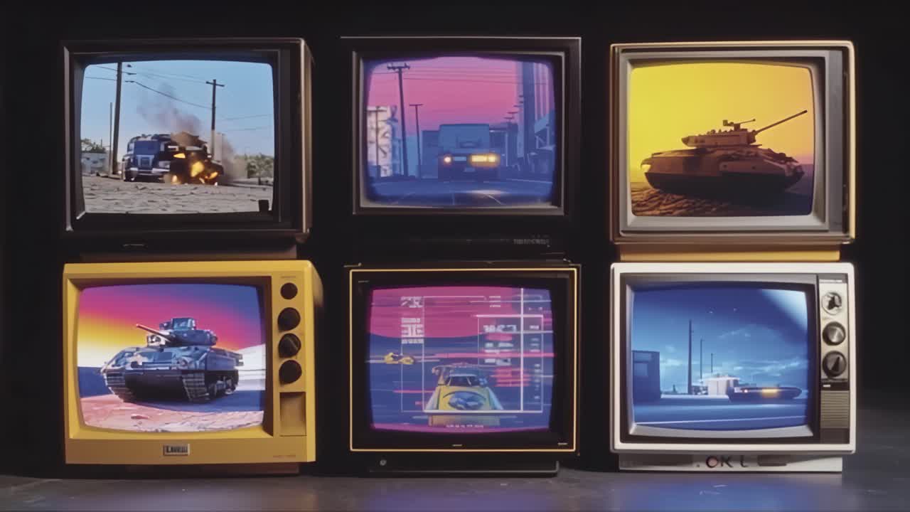 Samling af vintage CRT-fjernsyn, der viser scener med kampvogne, pansrede køretøjer og eksplosioner, der symboliserer krigsnyhedsdækning, propaganda og medieindflydelse.
