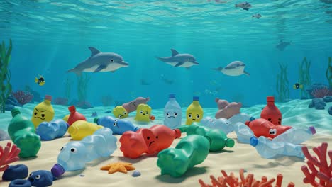 underwater scene of friendly bottles surrounded by dolphins illustrating marine pollution and plastic waste impact on ocean life