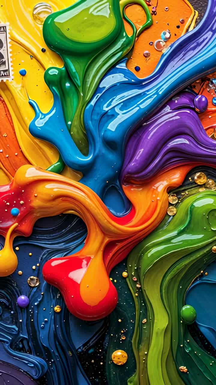 Vertical video: Paint ribbons pulsing and merging on dark base after close-up start, mixing pigment