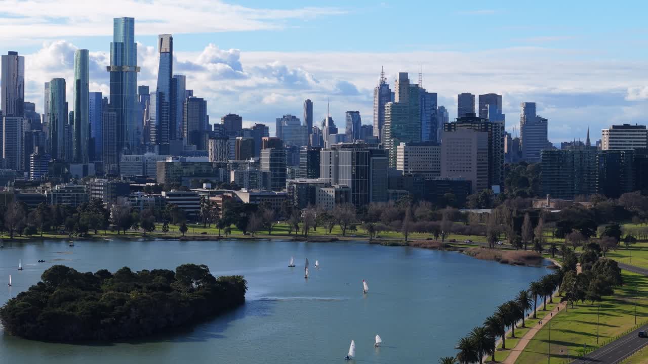 Cinematic drone flight over Melbourne Grand Prix track at Albert Park