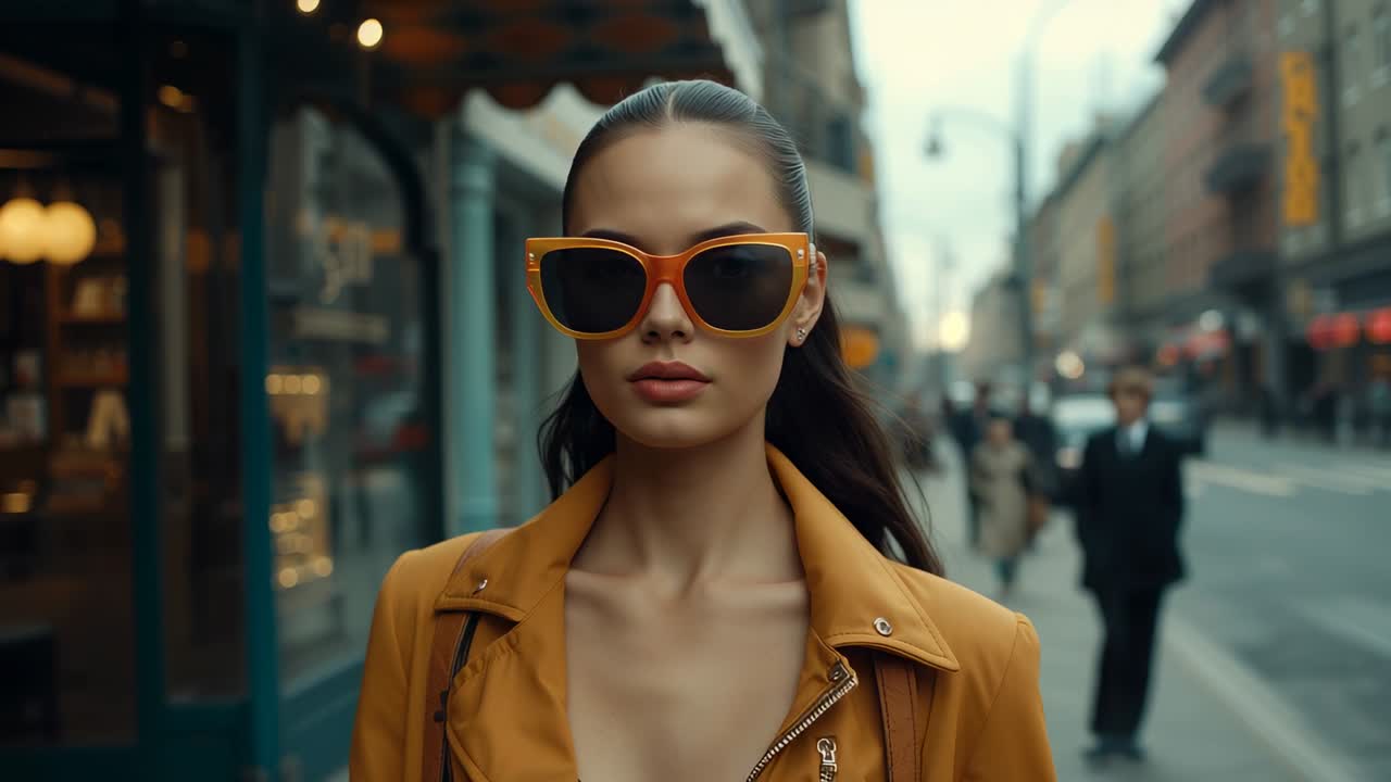 Modello asiatico che cammina in una via dello shopping, indossa un trench color senape e occhiali da sole arancioni