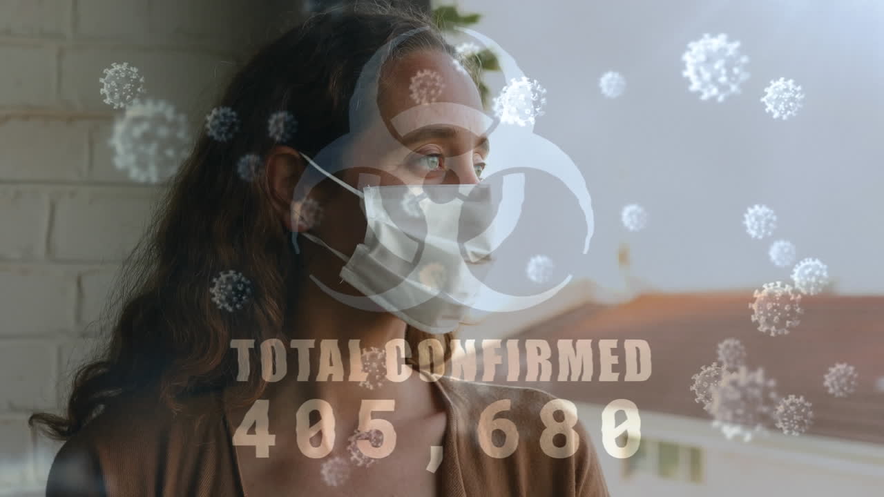 코로나19 세포가 떠다니면서 확인된 총 수가 증가하는  ⁇ 색 위험 표지판의 애니메이션