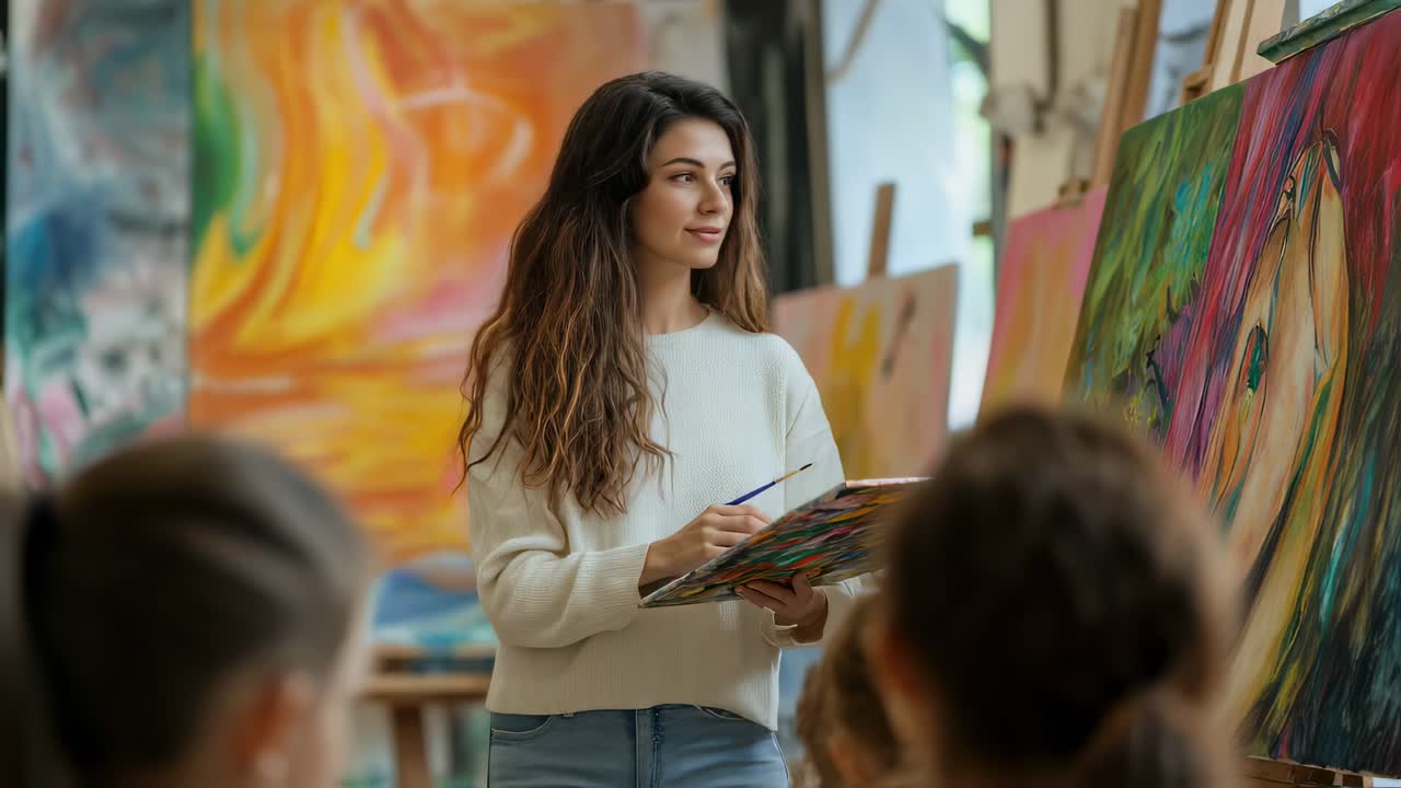 Woman Observing Abstract Painting in Art Studio