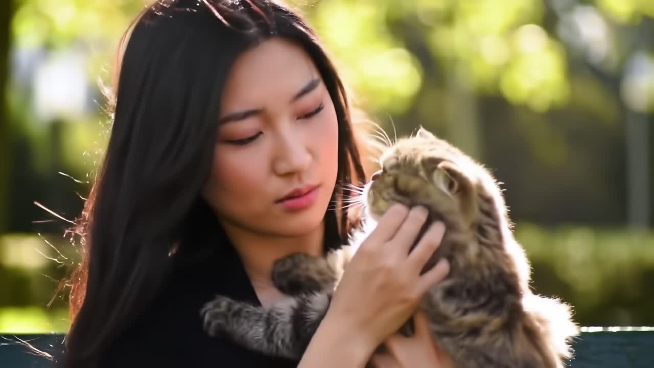 An Intimate Moment Between a Woman and Her Cat: Exploring the Bond of Love and Affection in a Serene Outdoor Setting
