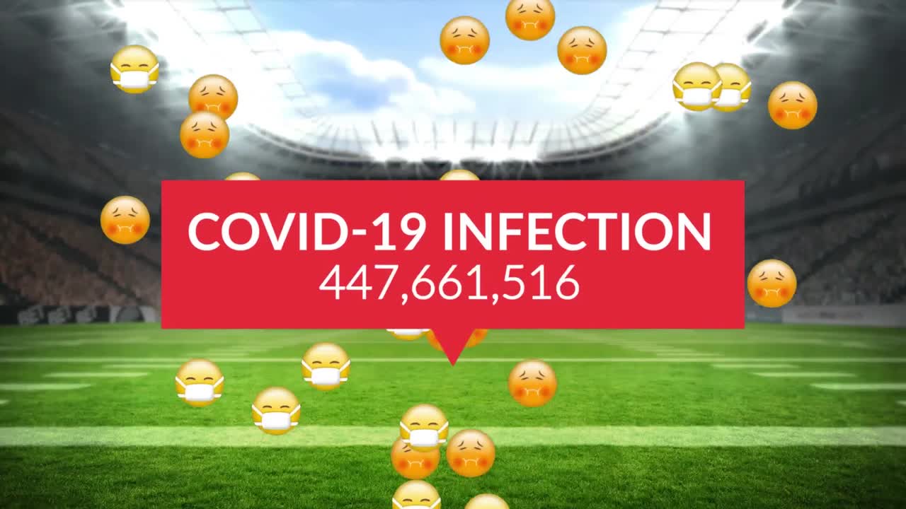 스포츠 경기장에서 얼굴 마스크가 떨어지는 코로나 데이터와 이모지 애니메이션