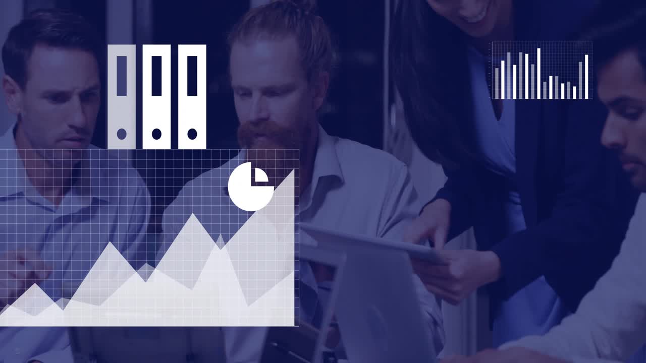 Business team reviewing tablet, woman pointing and sparking smartphone, cloud, charts covering team