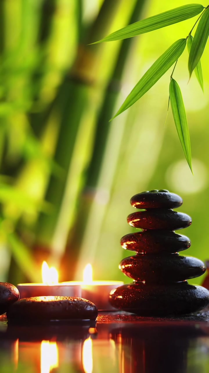 Rilassante ambiente spa con pietre impilate, candele tremolanti e bambù.