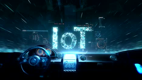 inside of future hybrid cars, dots gather to create a iot sign, internet of things.