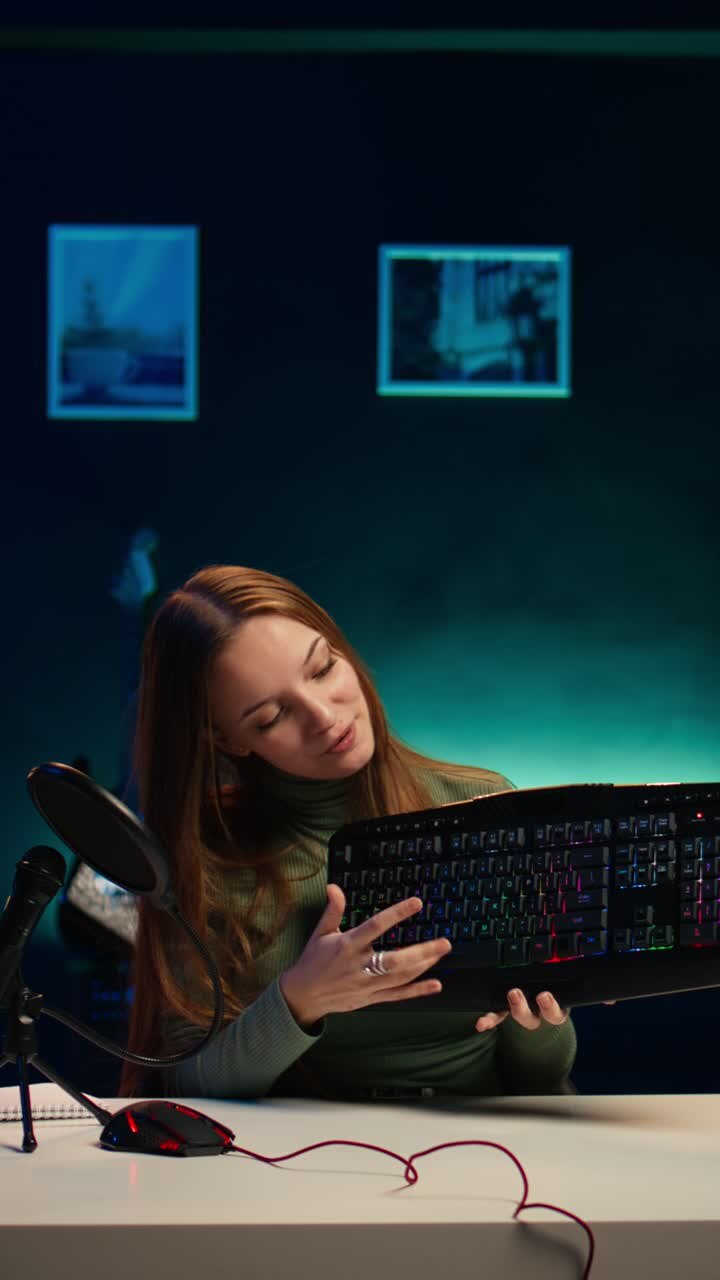 Giovane donna che recensisce una tastiera e un mouse da gaming in studio