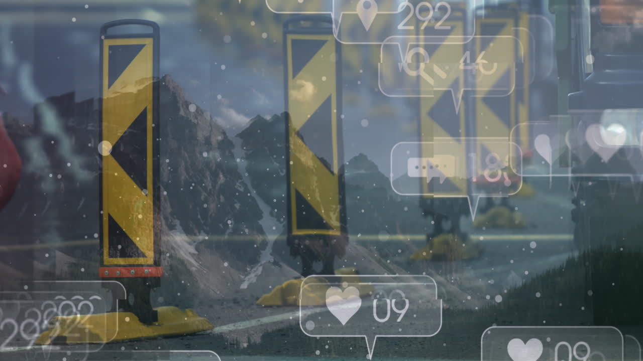 Animation of social media icons over pedestrians in city street