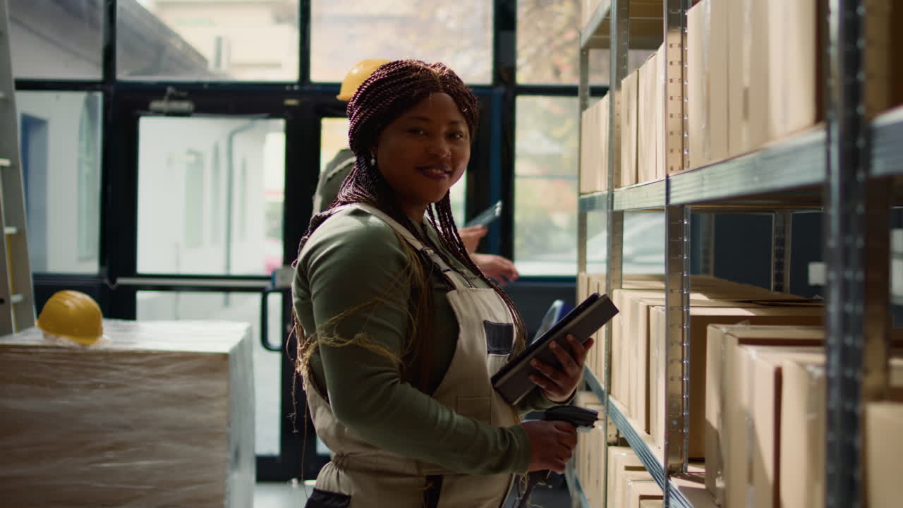 Warehouse workers scanning inventory in a storage facility