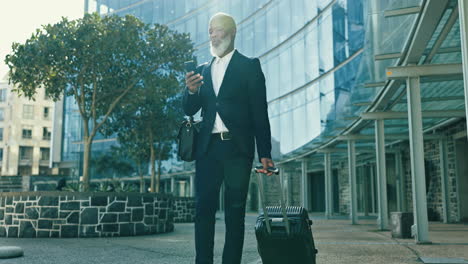 business man, suitcase and phone in city