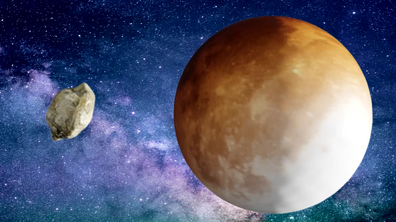 3D animation art of a meteor passing close to an alien planet.