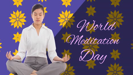 animation of world meditation day text with biracial woman meditating on blue background