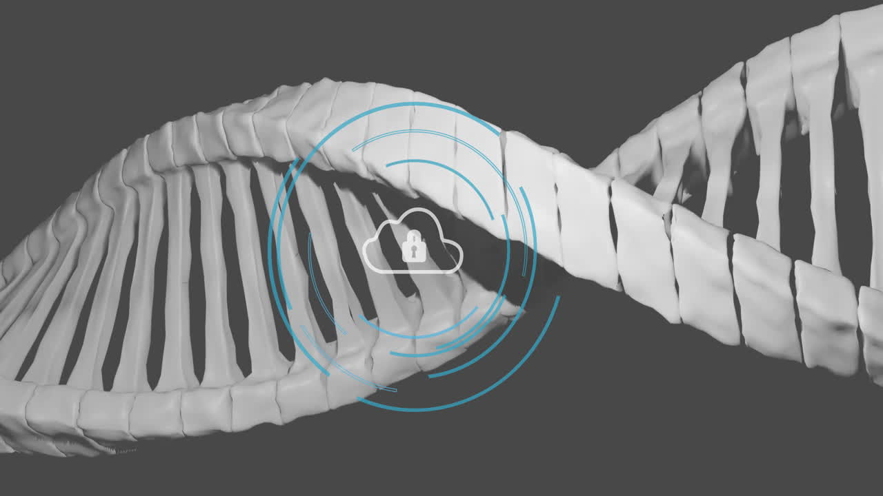 DNA strand with cloud security lock icon and circular data processing animation